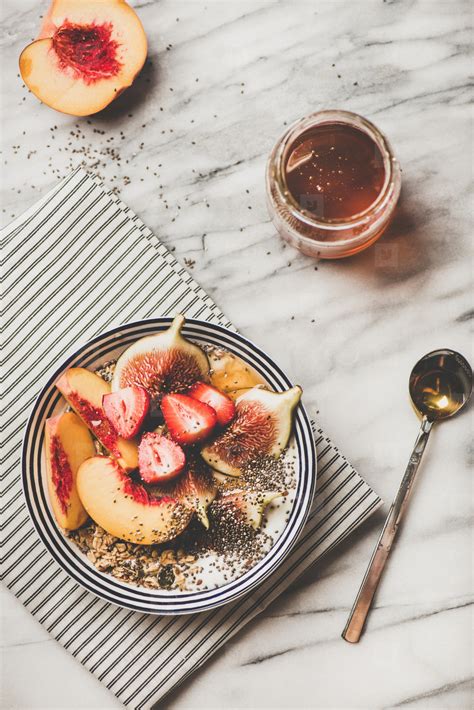 Healthy vegetarian breakfast bowl with yogurt, fruits and honey stock photo (187663 ...