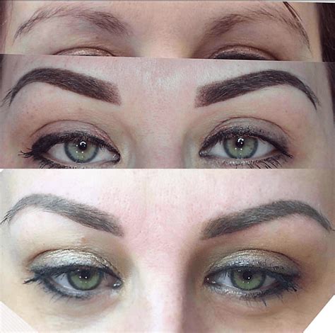 Picture sequence showing healing process of powder mist brows on top of old hair-stroke eyebrow ...