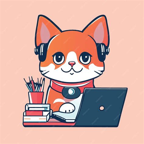 Premium Vector | Portrait of the cat is sitting and studying happily vector illustration cartoon