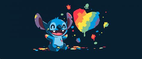 Stitch Wallpaper 4K, Love heart, Illustration, Rainbow