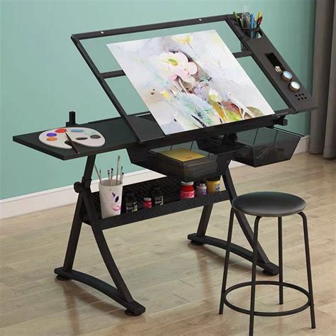 Unique Adjustable Drawing A1 Drafting Table With Scale Holder Tempered Glass Art Work Station ...
