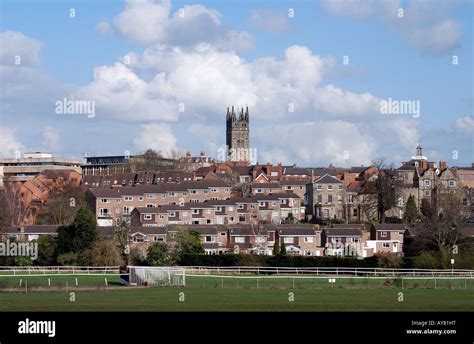 Warwick town centre from the racecourse, Warwickshire, England, UK ...