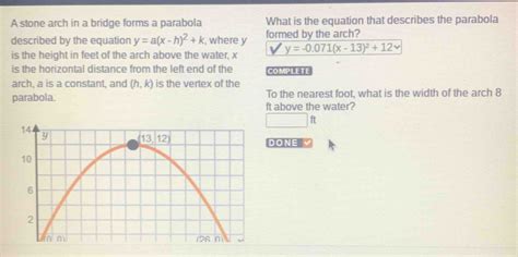 Solved: A stone arch in a bridge forms a parabola What is th[algebra ...