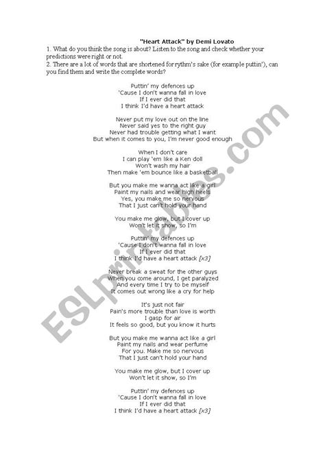 Heart Attack Demi Lovato - ESL worksheet by sabryn22