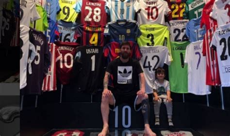 Barcelona superstar Lionel Messi shows off collected opponents jersey ...