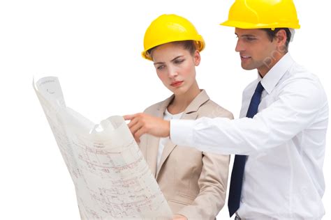 Serious Architects Looking At Construction Plan Cheerful Career, Hardhat, Blueprints, Tie PNG ...