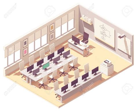 Vector isometric school computer lab or laboratory classroom interior cross-section. Desks with ...