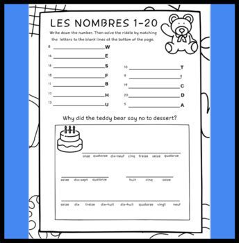 Les Nombres 1-20 - French numbers worksheet with answer key- follow for more!