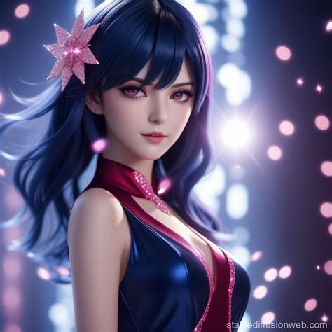 Sparkling Pink Dress: 4K Anime Art of Dark Blue-Haired Woman with Crimson Eyes | Stable ...