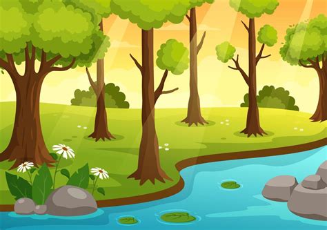 río paisaje ilustración con ver montañas, verde campos, arboles y bosque rodeando el ríos en ...