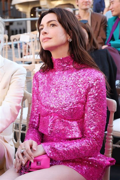 Anne Hathaway Wears a Barbie Pink Mini Dress at Valentino's Haute Couture Show