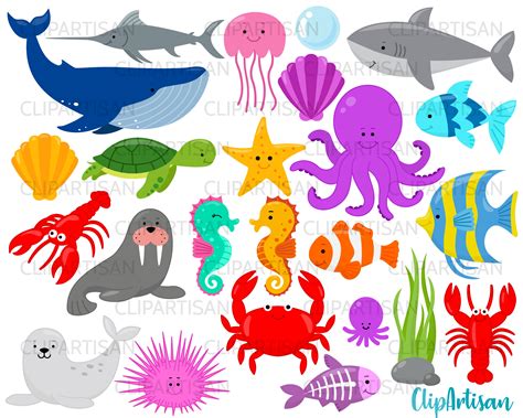 Under The Sea Clip Art Ocean Digital ClipArt Fishes, Whale, Crab, Seahorse Instant Download ...