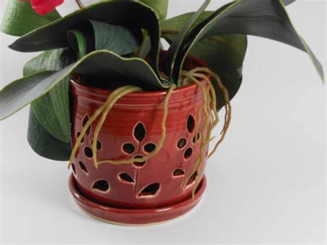 Ceramic orchid pot - orchid cachepot - pottery orchid pot - red flower orchid pot - large orchid ...