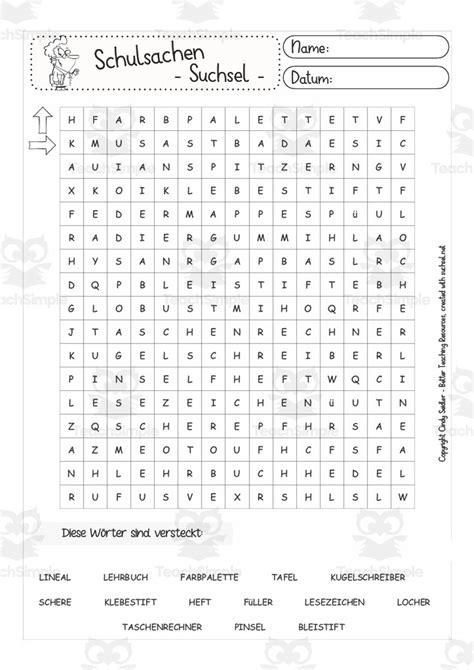 German: School Supplies Word Search by Teach Simple