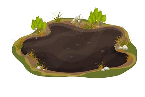 Dirty mud puddle, swamp with stone, grass in cartoon style isolated on white background. Natural ...