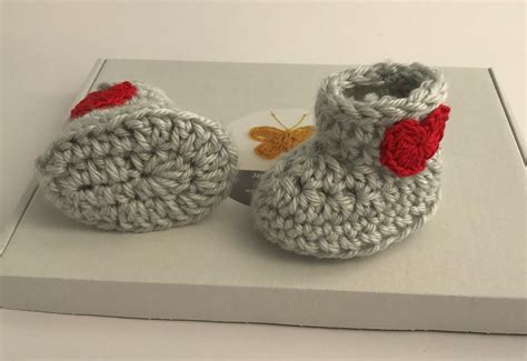 Red Heart Crochet Baby Booties. Valentines Baby Gift. Grey | Etsy UK