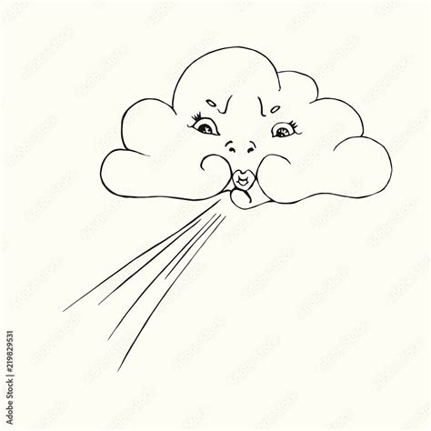 Cloud with funny face blowing wind from it`s lips, hand drawn doodle ...