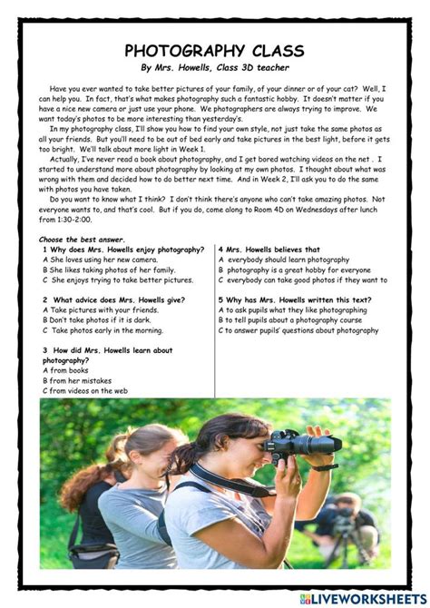 Photography Class Reader worksheet in 2022 | Photography classes, English as a second language ...