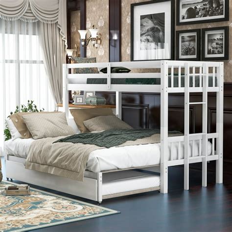 Euroco Wood Twin Over Twin/King Bunk Bed with Roll-Out Trundle and Wheels, White - Walmart.com ...