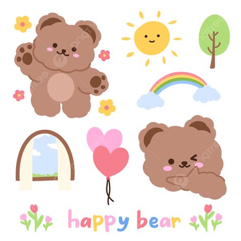 Korean Bear Stickers PNG Image, Cute Happy Bear Korean Sticker For Decoration Illustration ...