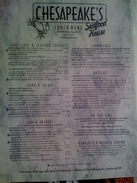 Chesapeake's Menu, Menu for Chesapeake's, Downtown, Knoxville - Urbanspoon/Zomato