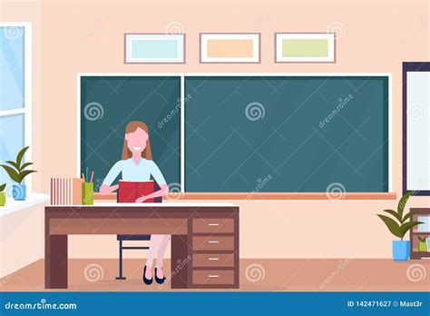 Woman Teacher Sitting at Desk Reading Book Education Concept Modern ...