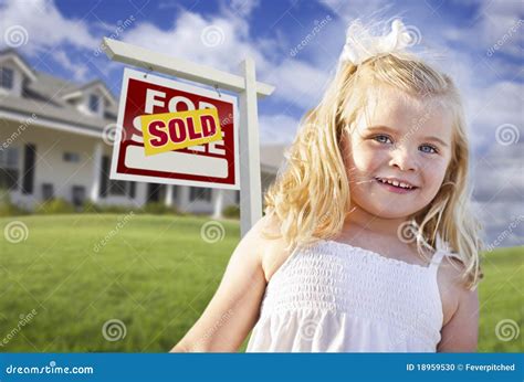 Cute Girl Sold Real Estate Sign, House Stock Photo - Image: 18959530
