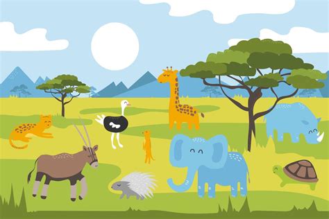 Cartoon wild animals in the savannah. Cartoon panorama with acacia ...