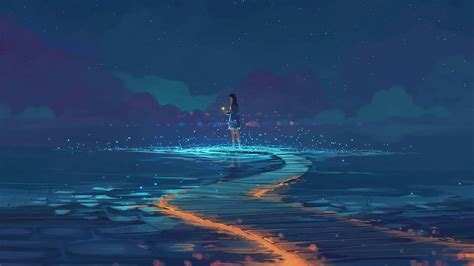 Download Sea Lights Aesthetic Anime Art Desktop Wallpaper | Wallpapers.com