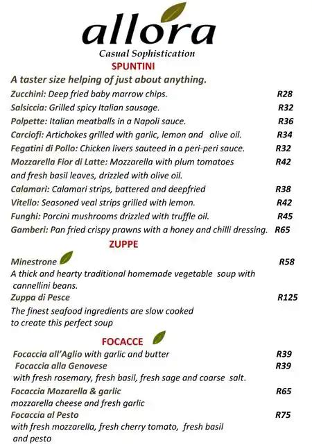 Allora Menu, Menu for Allora, Franschhoek, Cape Town - Zomato SA