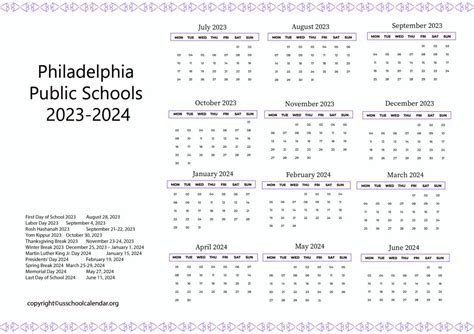 Philadelphia Public Schools Calendar with Holidays 2023-2024