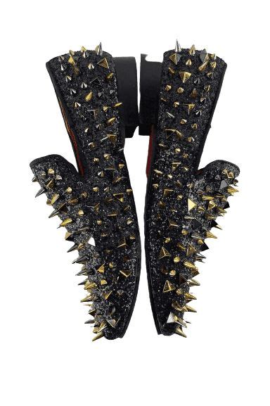 Black Gold/silver spikes Slip on Glitter upper Red sole By aurelio ...