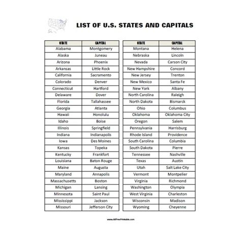 Free Printable List Of 50 States