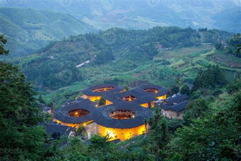 Aerial view of Tianluokeng Tulou cluster with mist, China 2791887 Stock ...