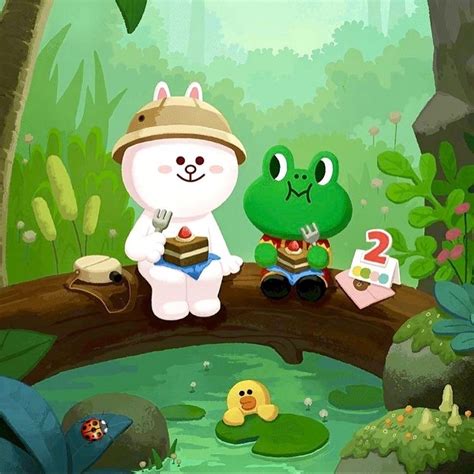 two cartoon characters are sitting on a log in the woods, one is holding a frog