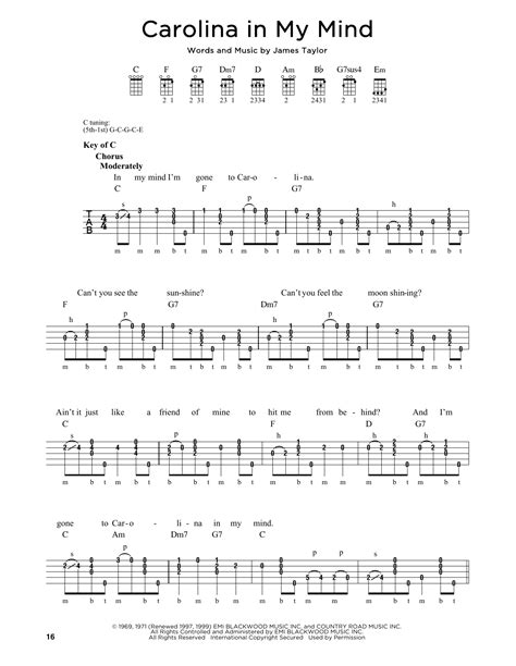 Carolina In My Mind by James Taylor Sheet Music for Banjo Tab at Sheet Music Direct