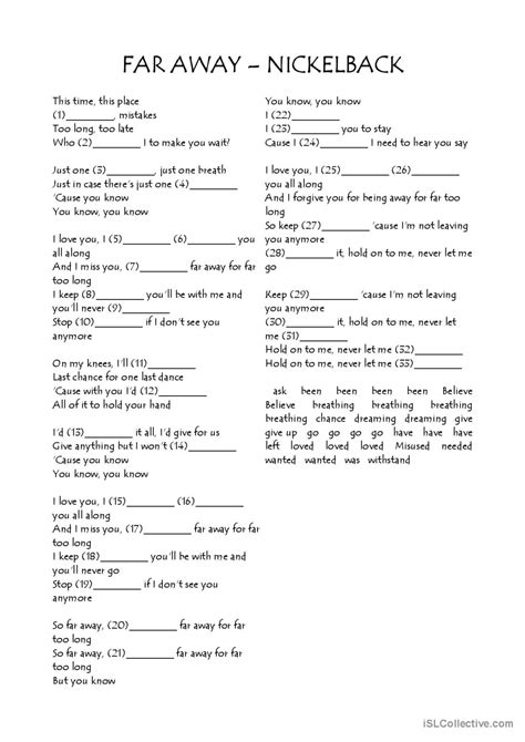 Far Away Nickelback song and nursery…: English ESL worksheets pdf & doc