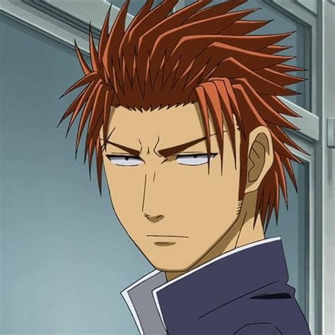 an anime character with red hair and blue eyes looking to his left, in ...