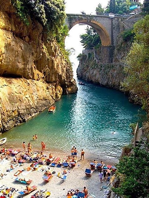 ITALY – Cala di Furore (Furore Cove), Furore, Salerno, Campania. The highway that passes over ...