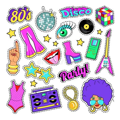 Disco Party Retro Fashion Elements with Guitar, Lips and Stars for ...