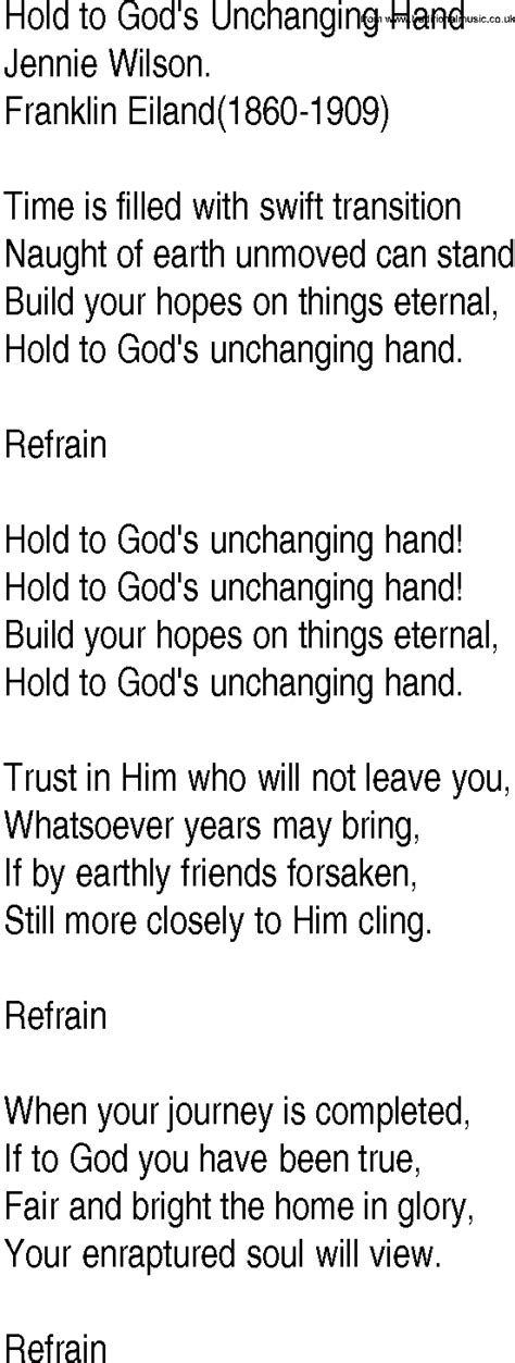 Hymn and Gospel Song Lyrics for Hold to God's Unchanging Hand by Jennie ...