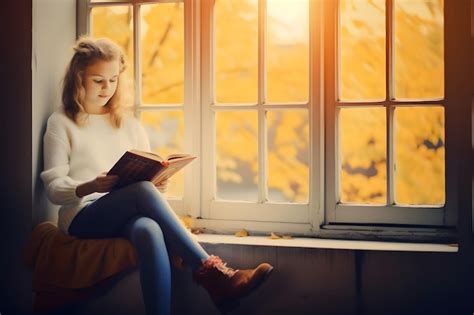 Premium AI Image | Beautiful girl reading book beside the window at ...