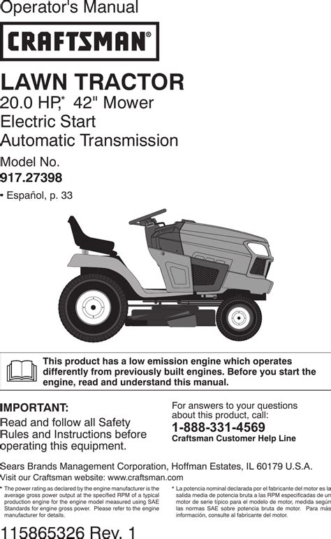 Craftsman 917273980 27398 op es 115865326_r1 User Manual LAWN TRACTOR ...