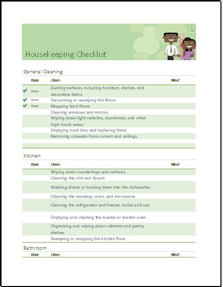 Housekeeping Checklist Template for Excel | Download Sample