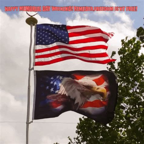 two american flags flying next to each other on a flag pole in front of some trees