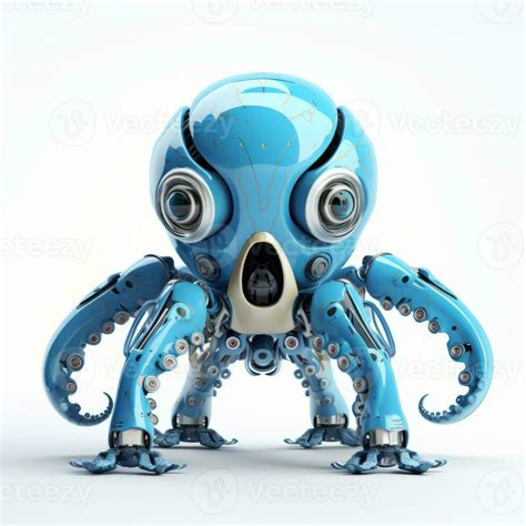 Cute and terrible octopus robot, robotic animal isolated over white ...