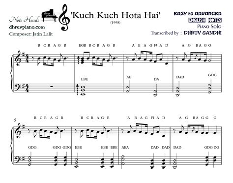 Kuch Kuch Hota Hai (Sheet Music + Eng Notes + MIDI) - Piano Tutorial