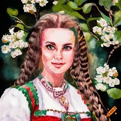 Watercolor painting of a smiling woman in norwegian bunad on Craiyon