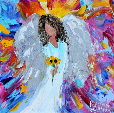 Angel painting, sunflower art, original oil palette knife impressionism ...