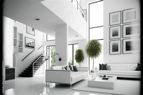 Modern and traditional two story house interior with white walls, green ...